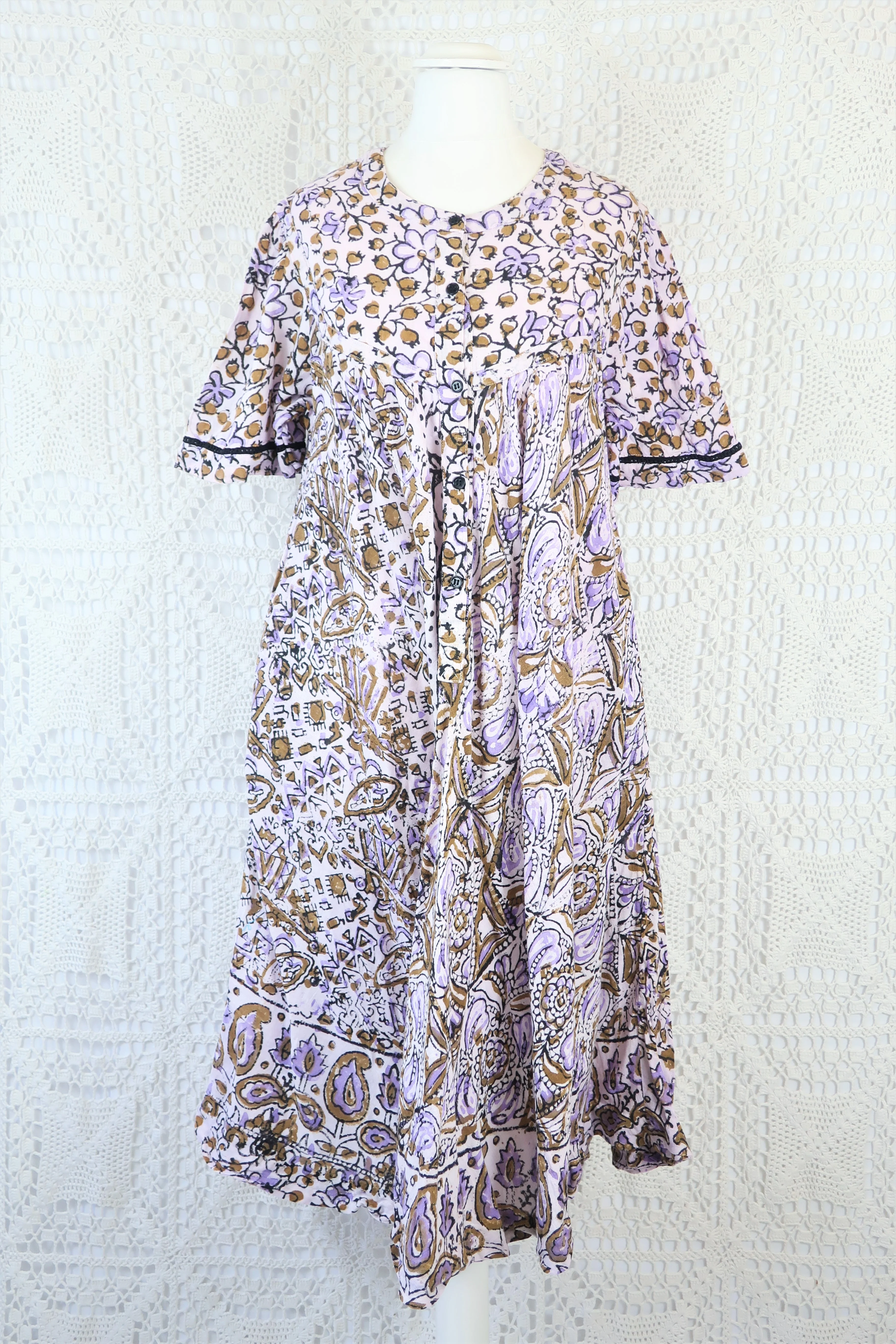 Vintage Indian Cotton Smock Dress - Wisteria & Olive - Free Size M - Image 3