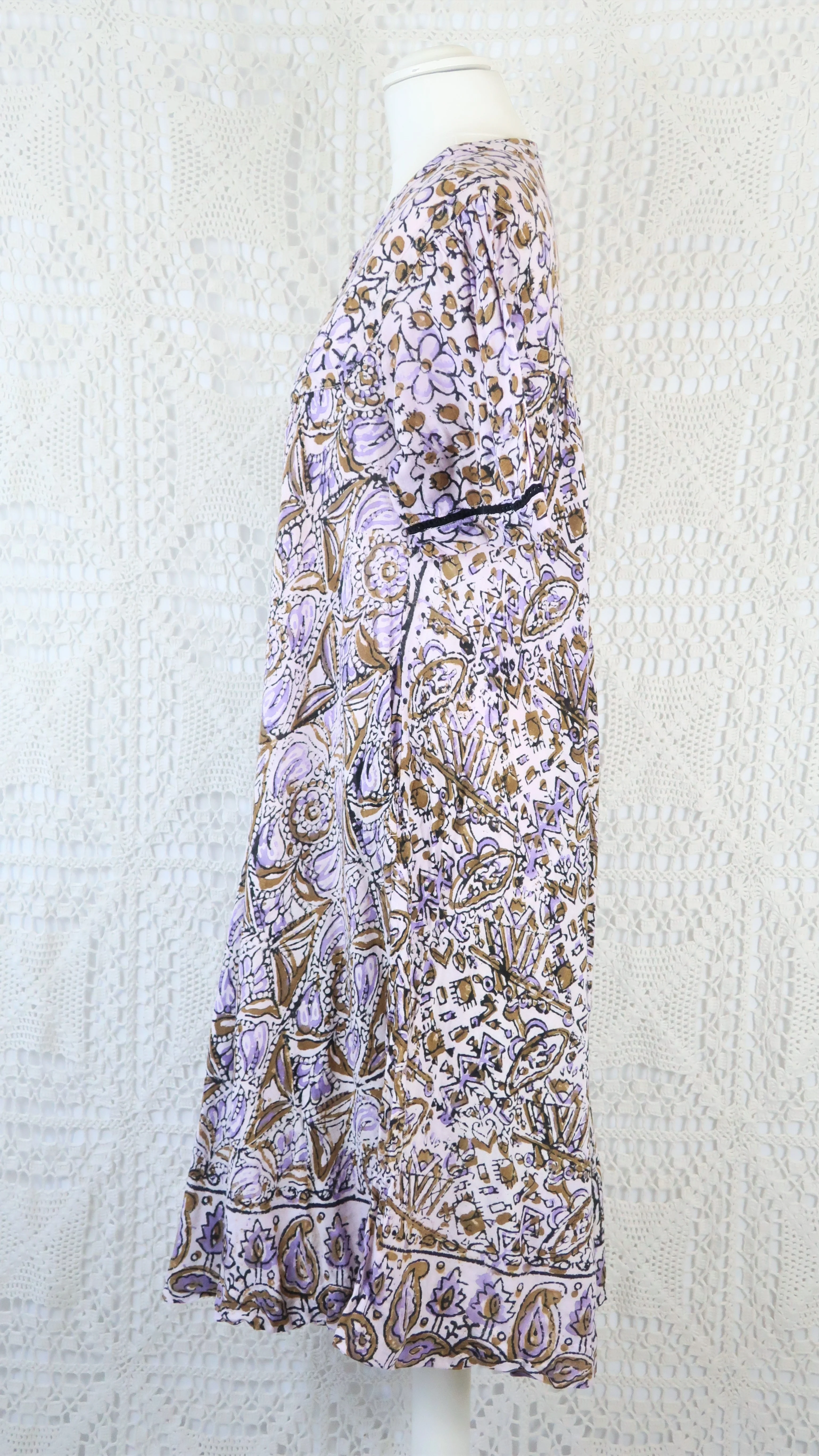 Vintage Indian Cotton Smock Dress - Wisteria & Olive - Free Size M - Image 4