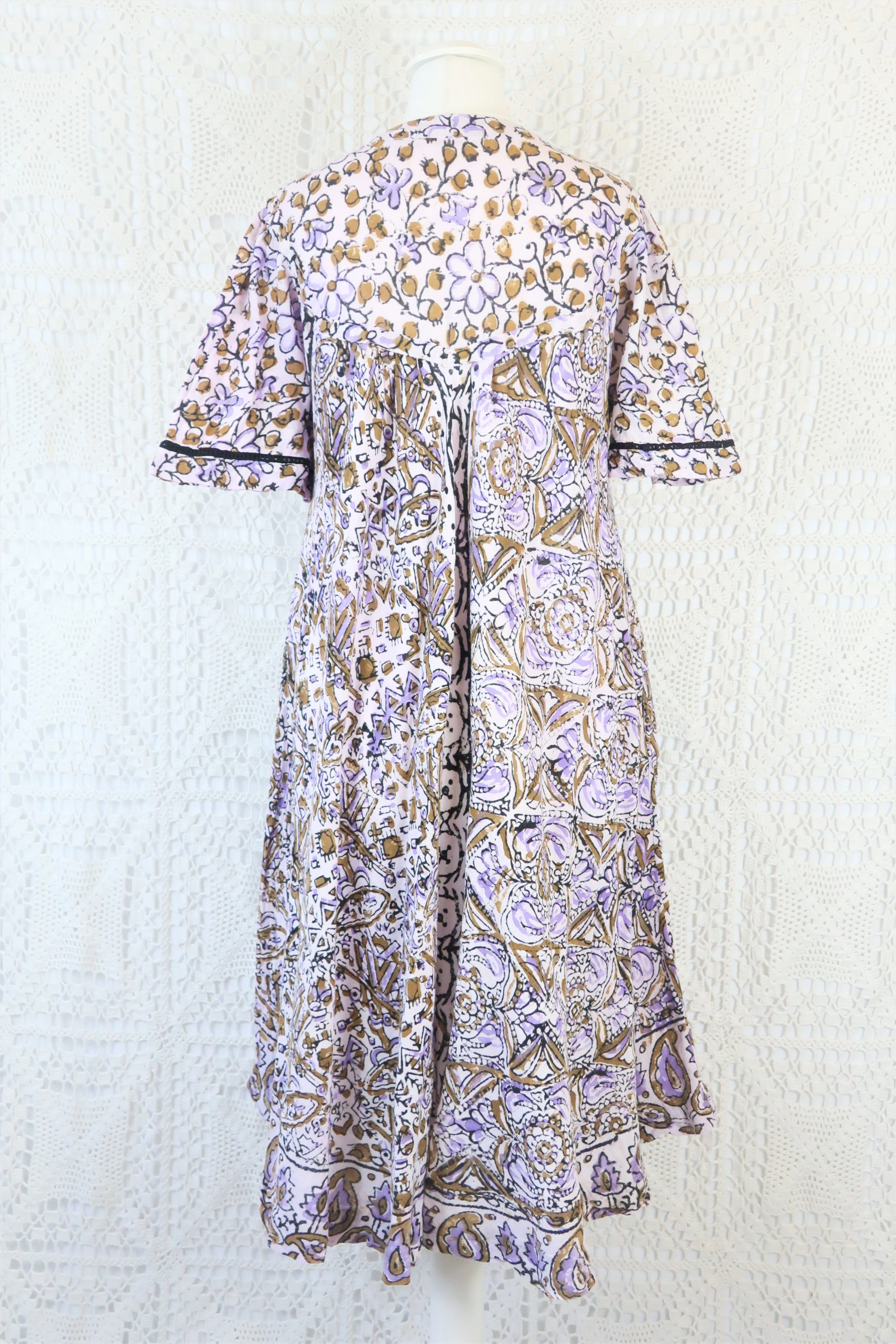 Vintage Indian Cotton Smock Dress - Wisteria & Olive - Free Size M - Image 5