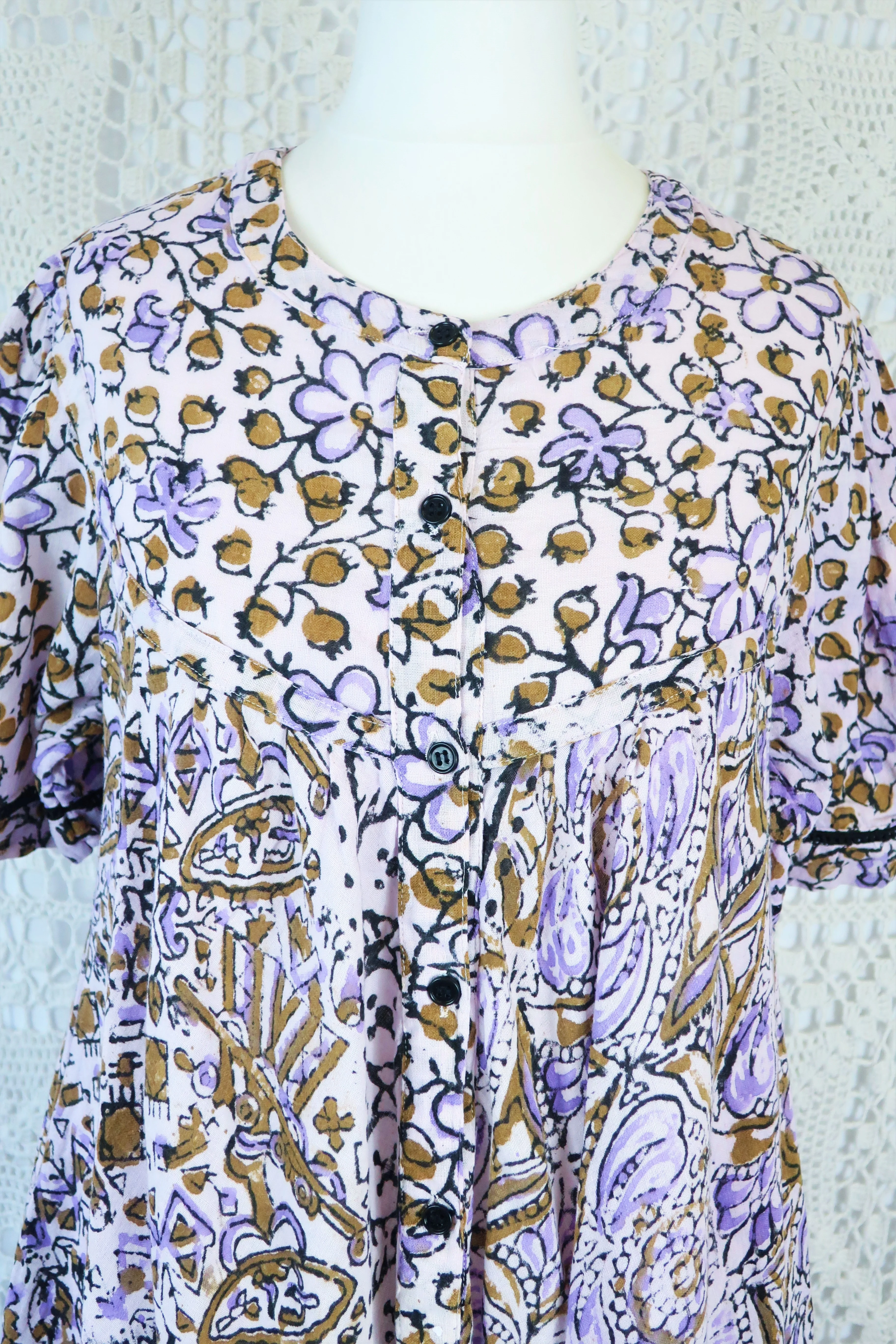 Vintage Indian Cotton Smock Dress - Wisteria & Olive - Free Size M - Image 6