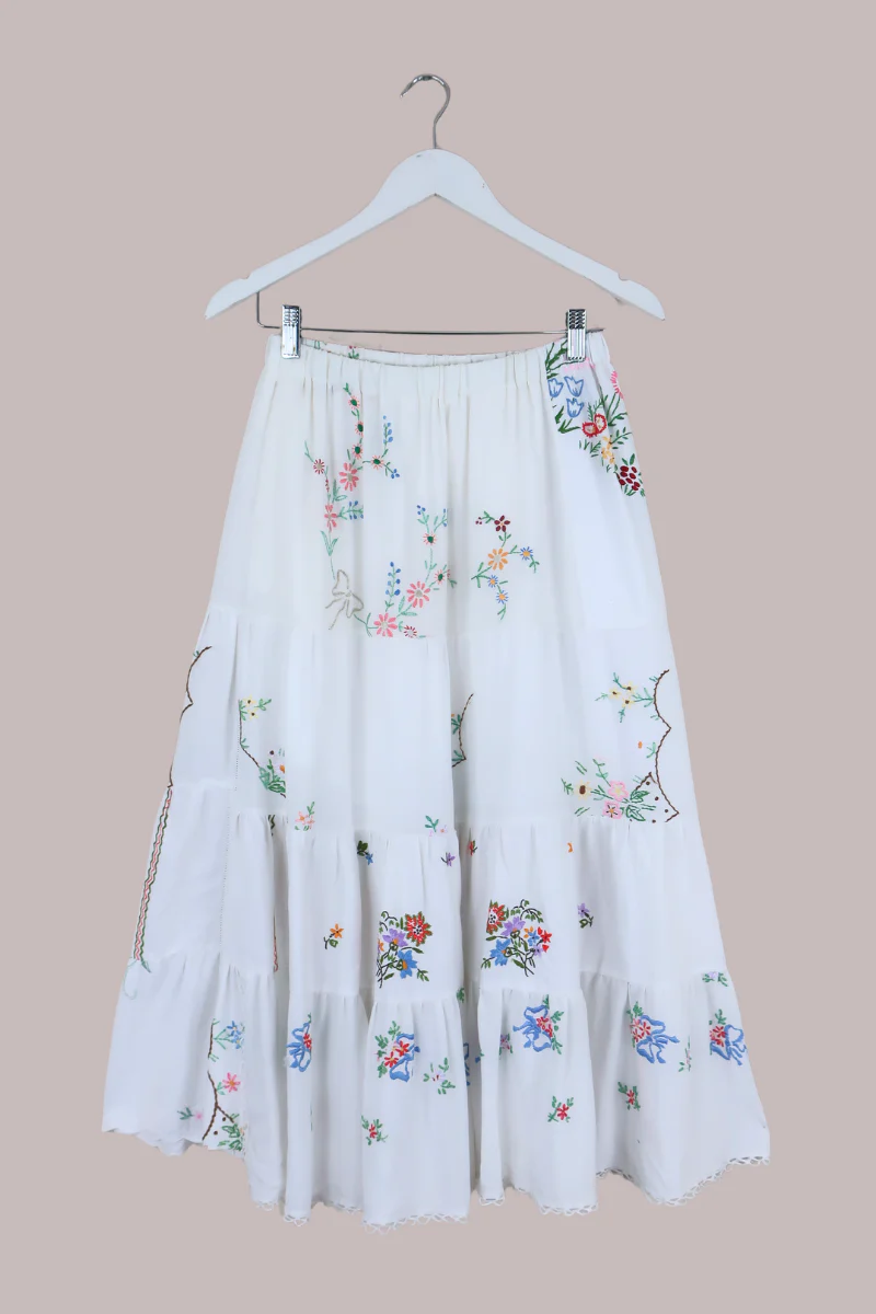 Adelaide Vintage Tablecloth Tiered Skirt in Bows & Bouquets Embroidery - Image 3