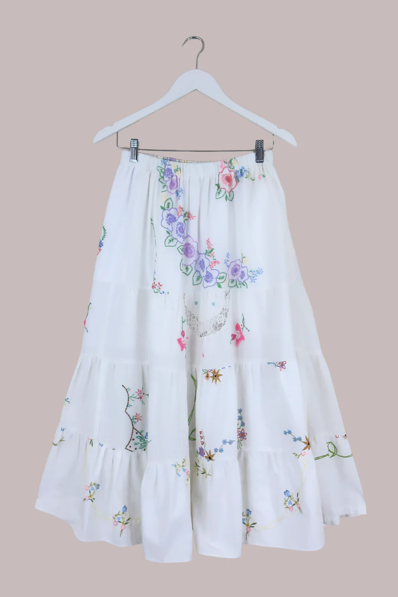 Adelaide Vintage Tablecloth Tiered Skirt in Pastel Pansy Fairy Garden - Image 3