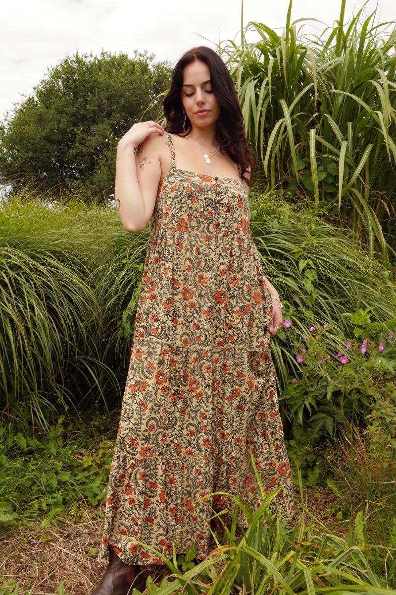 Amelia Maxi Dress in Ecru & Terracotta Floral Block Print