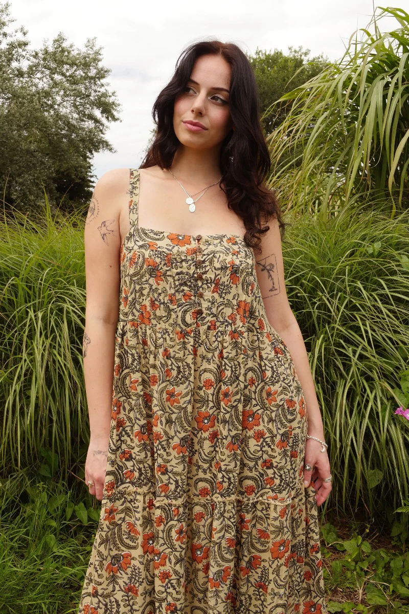 Amelia Maxi Dress in Ecru & Terracotta Floral Block Print - Image 3