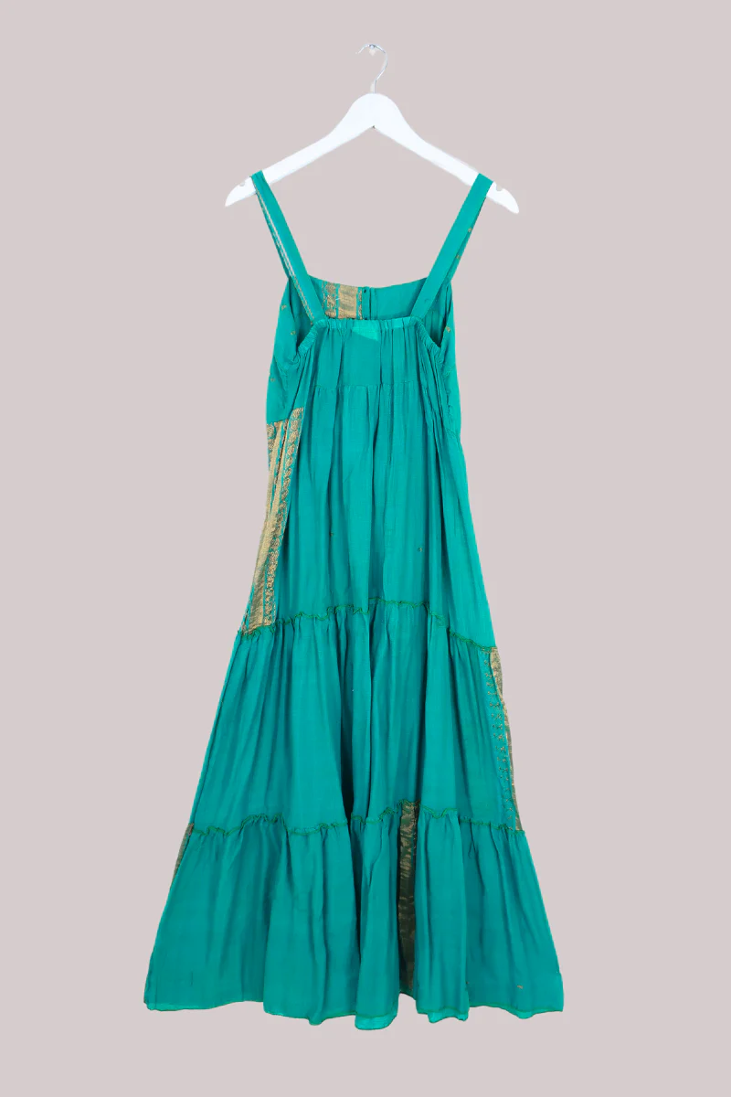 Amelia Vintage Cotton Maxi Dress - Aquamarine & Gold - Size XS/S - Image 3