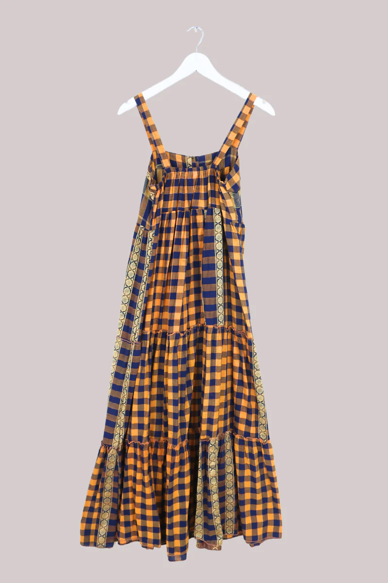 Amelia Vintage Cotton Maxi Dress - Navy & Yellow Check - Size XS/S - Image 3