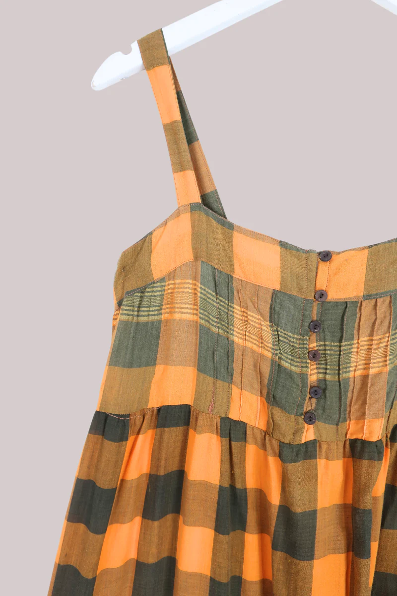 Amelia Vintage Cotton Maxi Dress - Tangerine Green Check - Size XS/S - Image 2