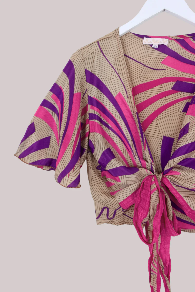 Angel Recycled Sari Wrap Top in Burst Of Pink & Purple - Size S/M - Image 2