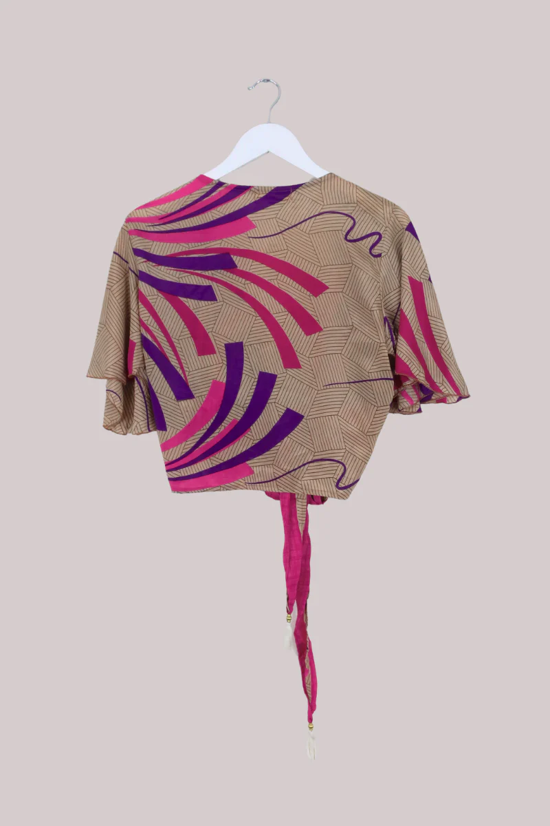 Angel Recycled Sari Wrap Top in Burst Of Pink & Purple - Size S/M - Image 3