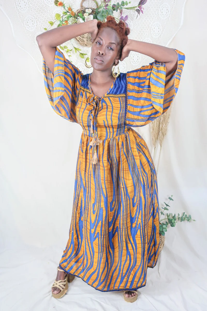Angelica Maxi Dress - Vintage Sari - Amber & Blue Waves - Free Size M/L - Image 3