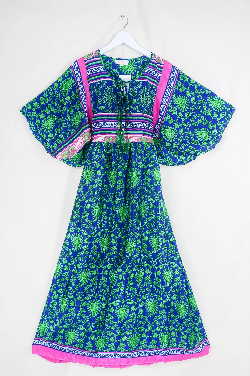 Angelica Maxi Dress - Vintage Sari - Sapphire & Lime Vines - Free Size S/M