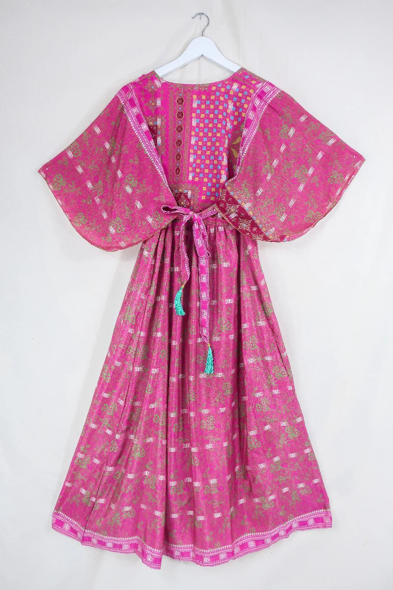 Angelica Maxi Dress - Vintage Sari - Embroidered Jewel Pink - Free Size S/M - Image 3