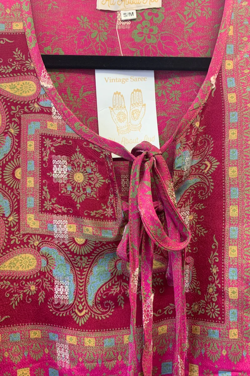 Angelica Maxi Dress - Vintage Sari - Embroidered Jewel Pink - Free Size S/M - Image 4