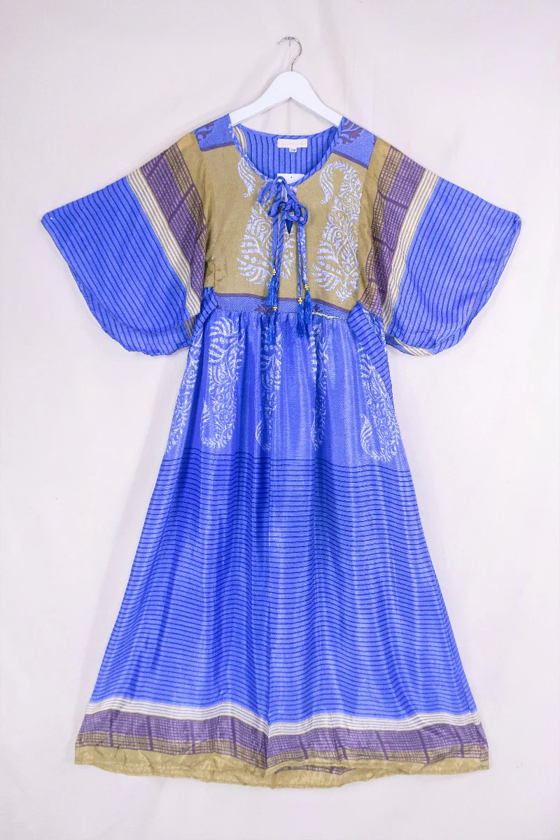 Angelica Maxi Dress - Vintage Sari - Pastel Violet & Olive Stripe - Free Size S/M