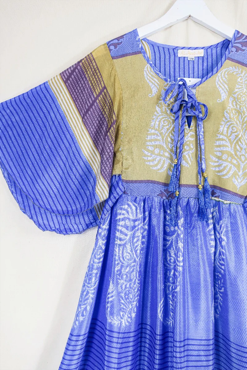 Angelica Maxi Dress - Vintage Sari - Pastel Violet & Olive Stripe - Free Size S/M - Image 2