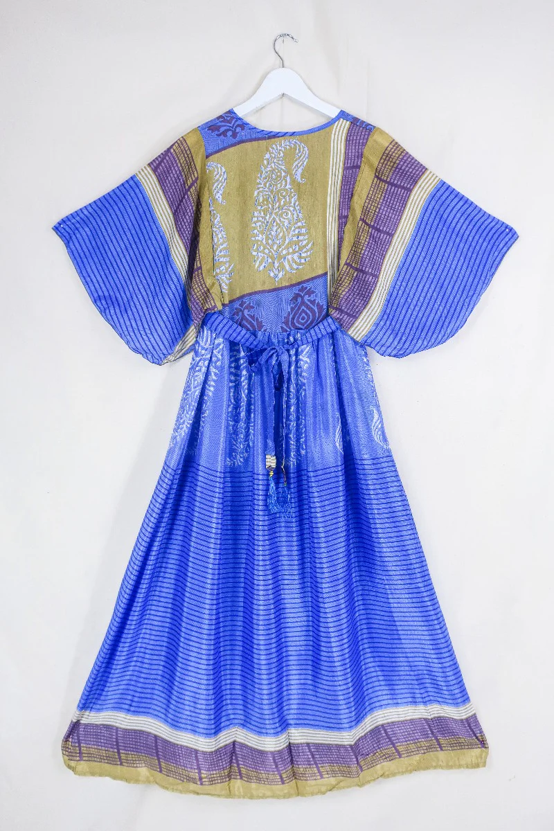 Angelica Maxi Dress - Vintage Sari - Pastel Violet & Olive Stripe - Free Size S/M - Image 3