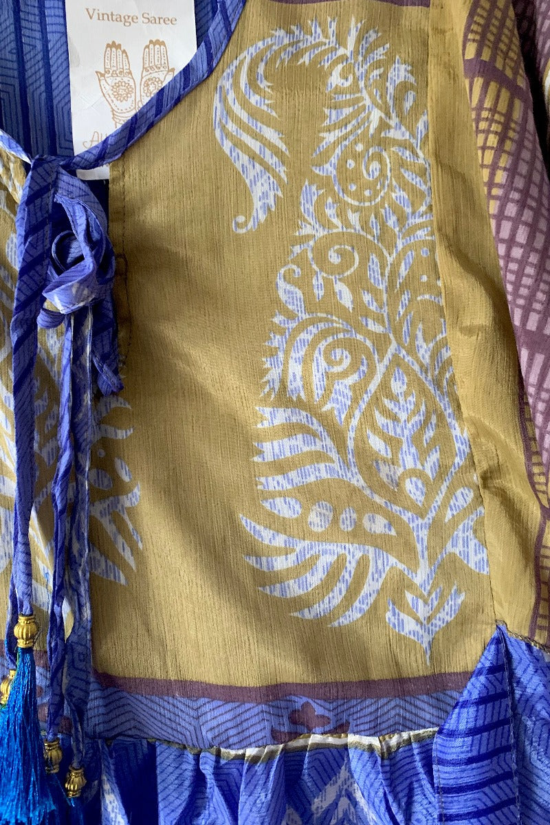 Angelica Maxi Dress - Vintage Sari - Pastel Violet & Olive Stripe - Free Size S/M - Image 5