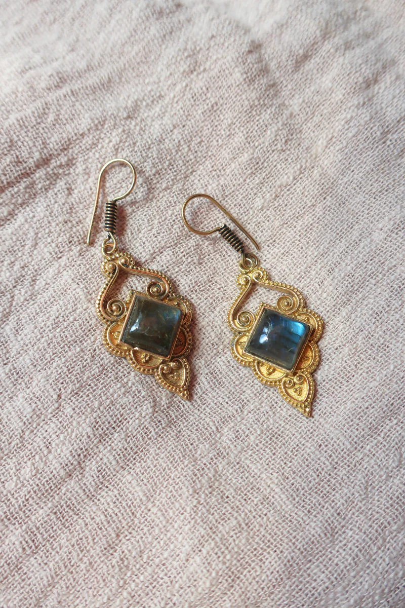 Antique Drop Earrings in Gold with Labradorite - Image 2