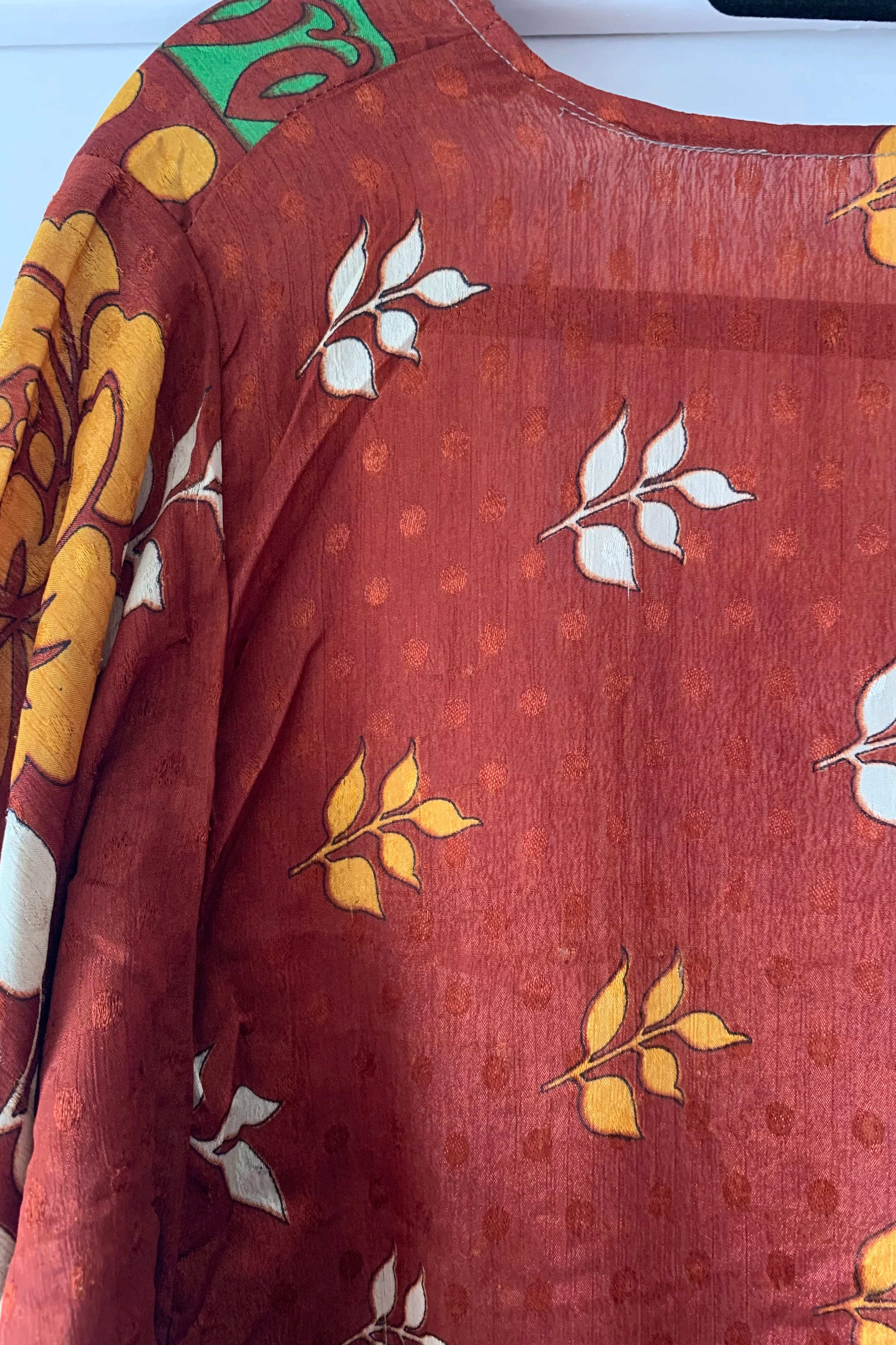 Aquaria Robe Dress - Vintage Sari - Brick Red Bloom - Free Size M/L - Image 4