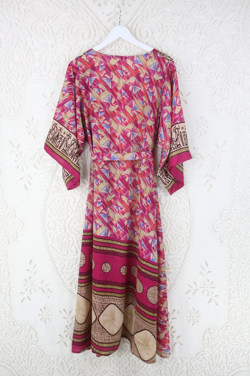 Aquaria Robe Dress - Vintage Sari - Bright Pink Abstract Figures Print - Size XS - Image 3