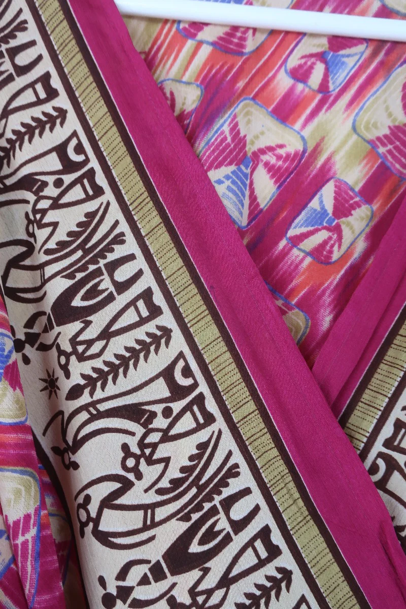 Aquaria Robe Dress - Vintage Sari - Bright Pink Abstract Figures Print - Size XS - Image 4