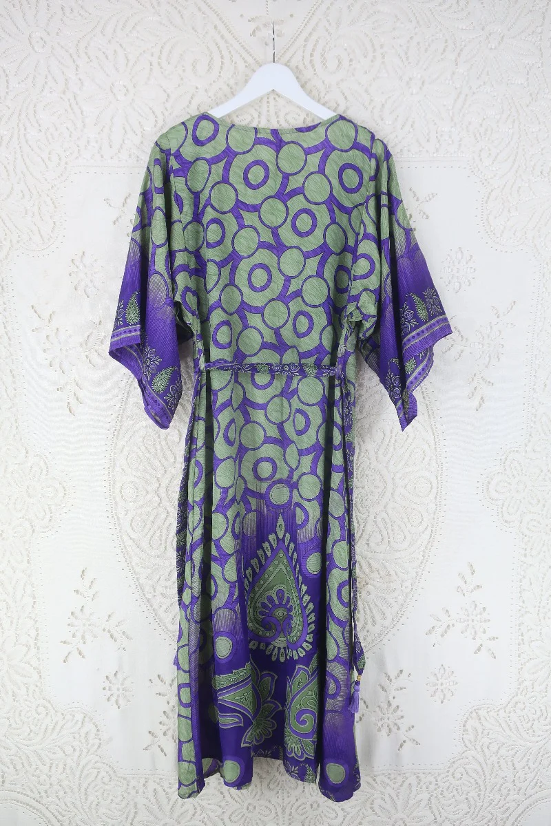 Aquaria Robe Dress - Vintage Sari - Deep Purple & Sage Abstract Paisley - Size S - Image 3