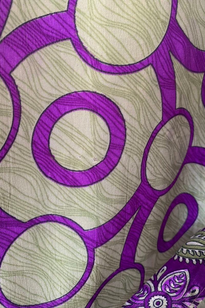 Aquaria Robe Dress - Vintage Sari - Deep Purple & Sage Abstract Paisley - Size S - Image 4