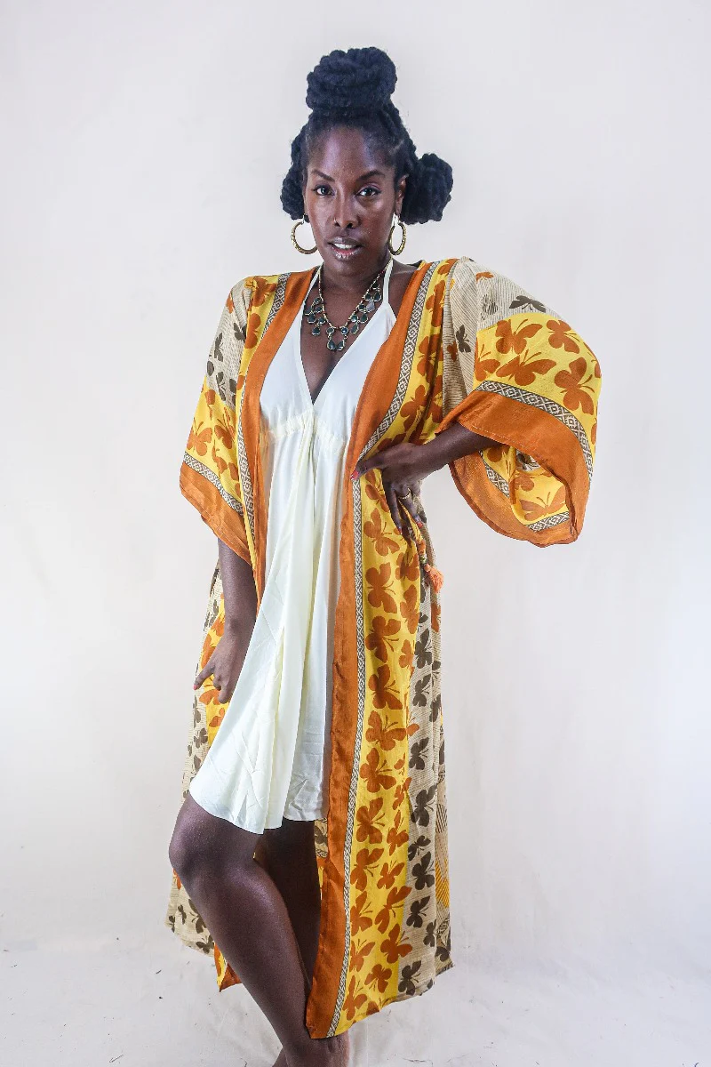 Aquaria Robe Dress - Vintage Sari - Earth Tone Butterflies - Free Size XS