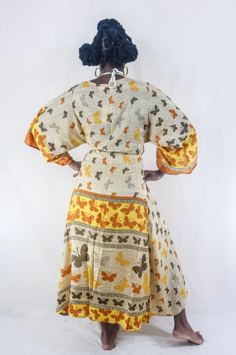 Aquaria Robe Dress - Vintage Sari - Earth Tone Butterflies - Free Size XS - Image 2