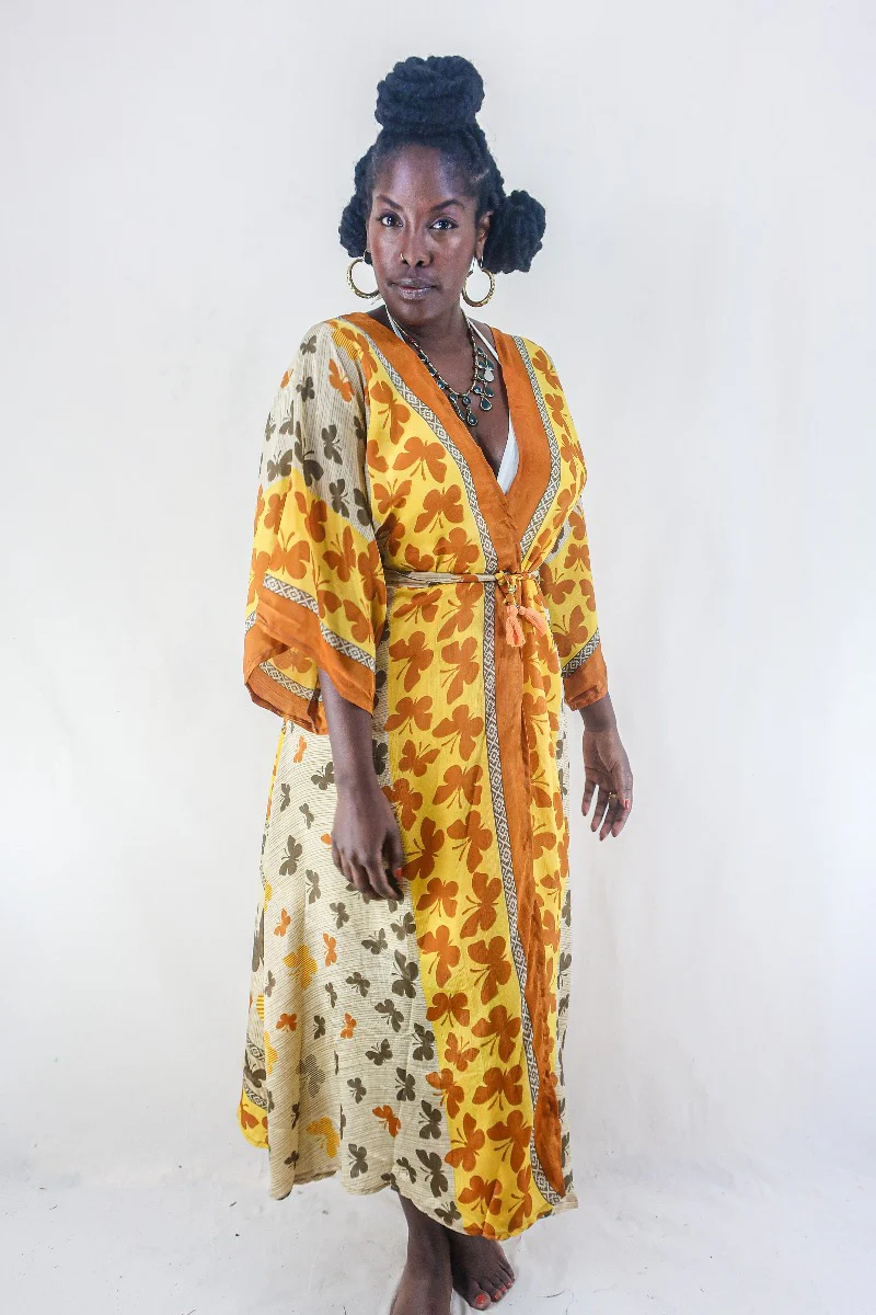 Aquaria Robe Dress - Vintage Sari - Earth Tone Butterflies - Free Size XS - Image 3