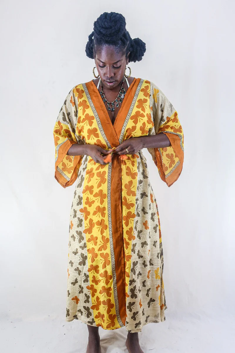 Aquaria Robe Dress - Vintage Sari - Earth Tone Butterflies - Free Size XS - Image 4