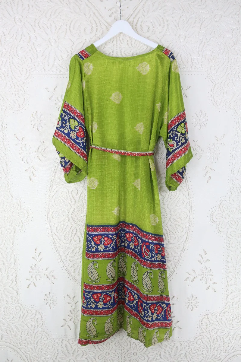 Aquaria Robe Dress - Vintage Sari - Kiwi Green, Indigo & Red Block Print - Size XS - Image 3