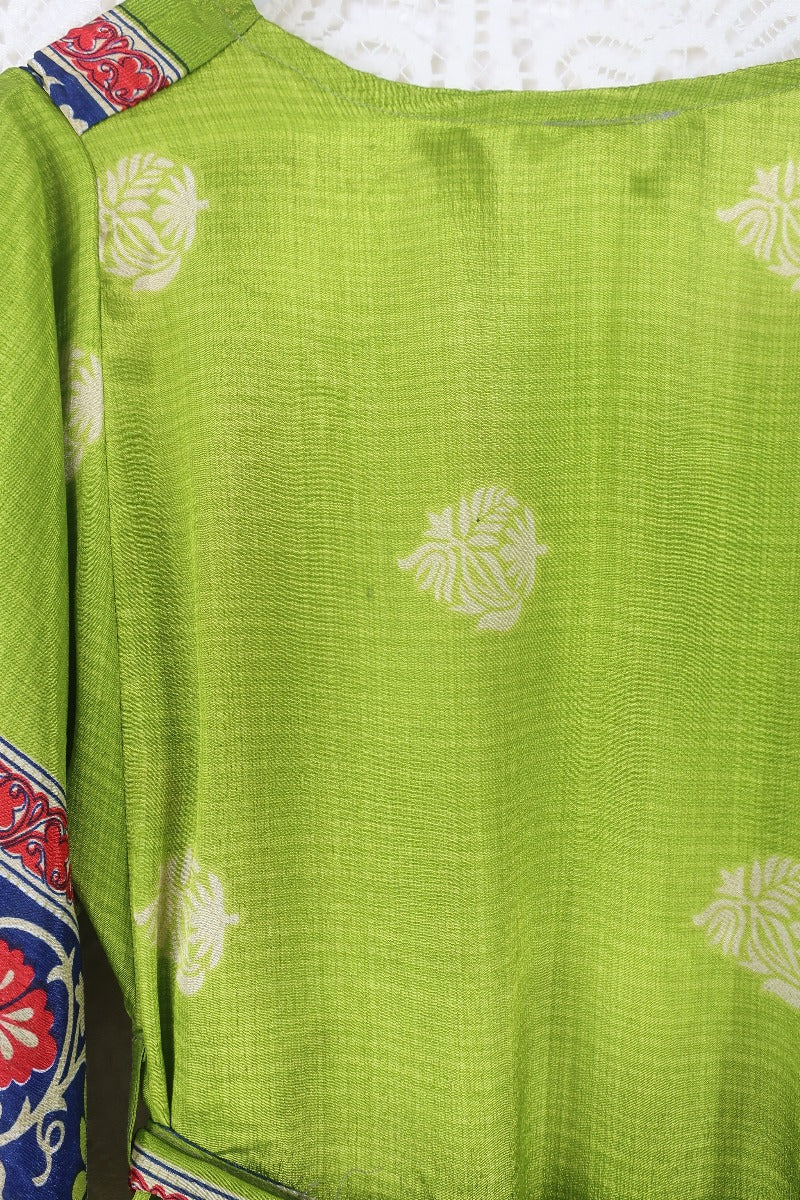 Aquaria Robe Dress - Vintage Sari - Kiwi Green, Indigo & Red Block Print - Size XS - Image 4
