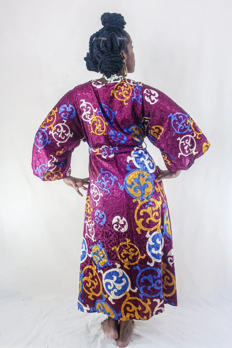 Aquaria Robe Dress - Vintage Sari - Plum Jam Jacquard - Free Size M/L - Image 3
