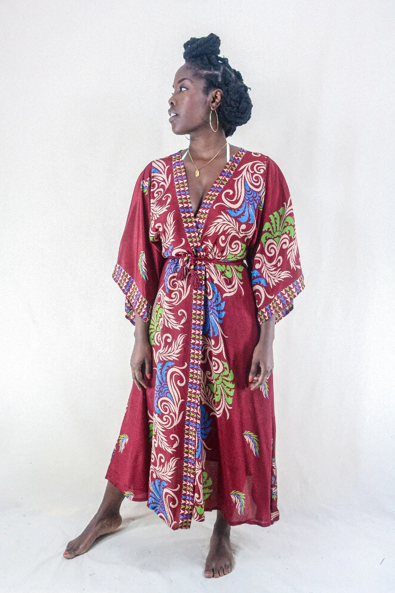 Aquaria Robe Dress - Vintage Sari - Rosewood Motif - Free Size S/M