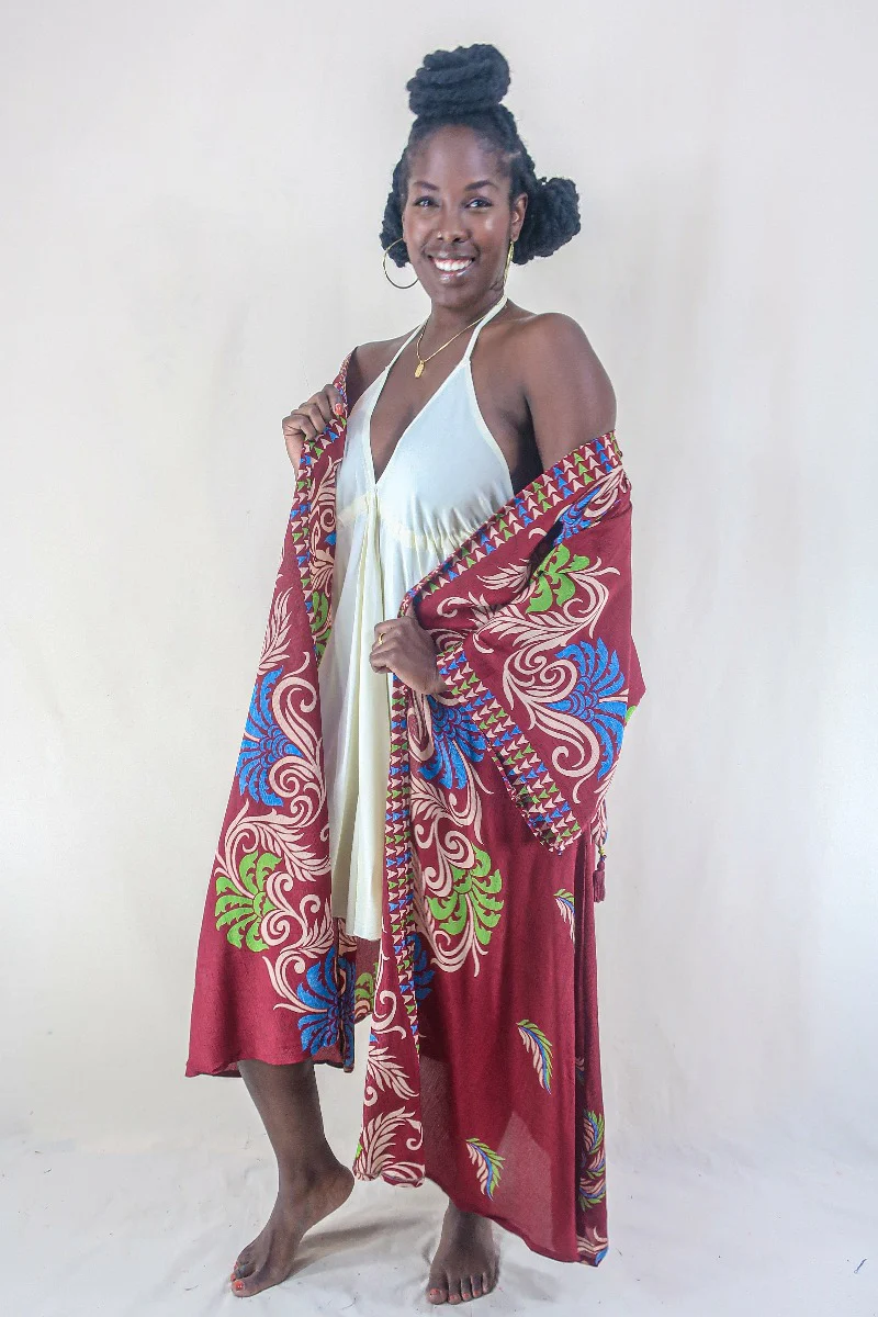 Aquaria Robe Dress - Vintage Sari - Rosewood Motif - Free Size S/M - Image 2