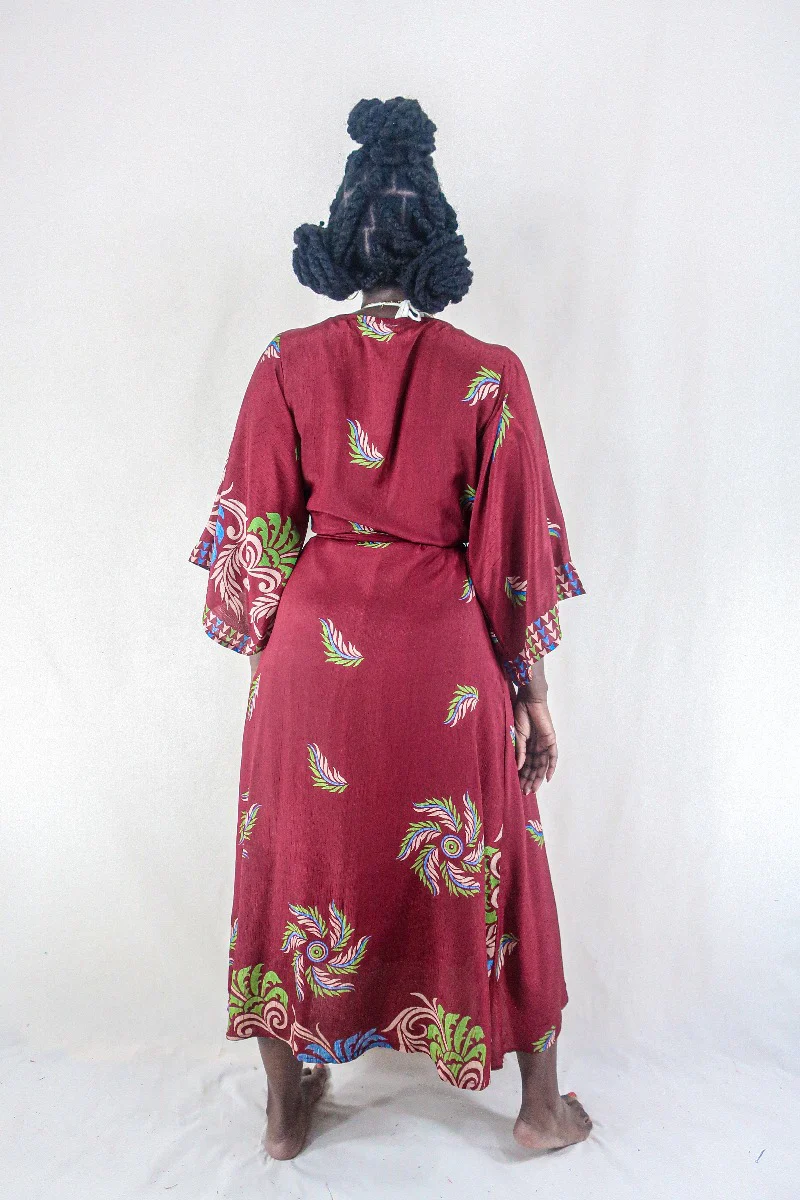 Aquaria Robe Dress - Vintage Sari - Rosewood Motif - Free Size S/M - Image 3