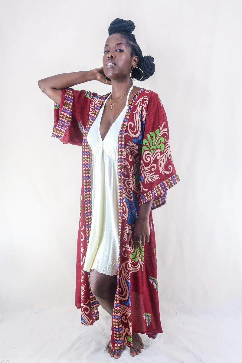 Aquaria Robe Dress - Vintage Sari - Rosewood Motif - Free Size S/M - Image 4