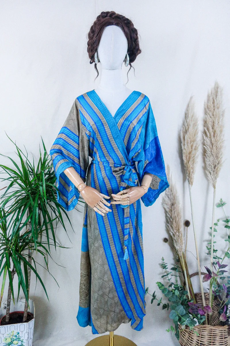 Aquaria Robe Dress - Taupe & Turquoise Stripes - Vintage Sari - Free Size M/L