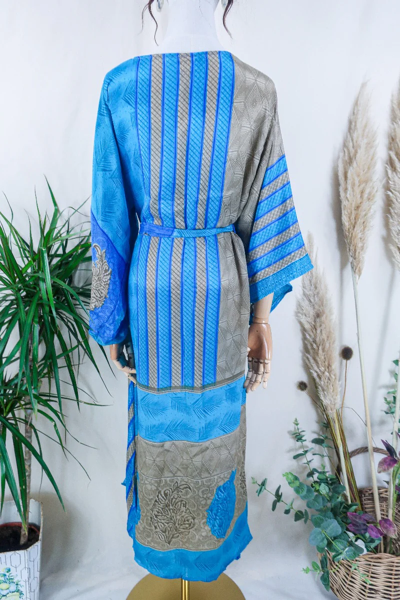 Aquaria Robe Dress - Taupe & Turquoise Stripes - Vintage Sari - Free Size M/L - Image 3