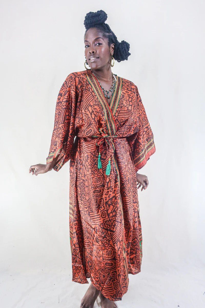 Aquaria Robe Dress - Vintage Sari - Umber & Goldstone - Free Size XXL - Image 2