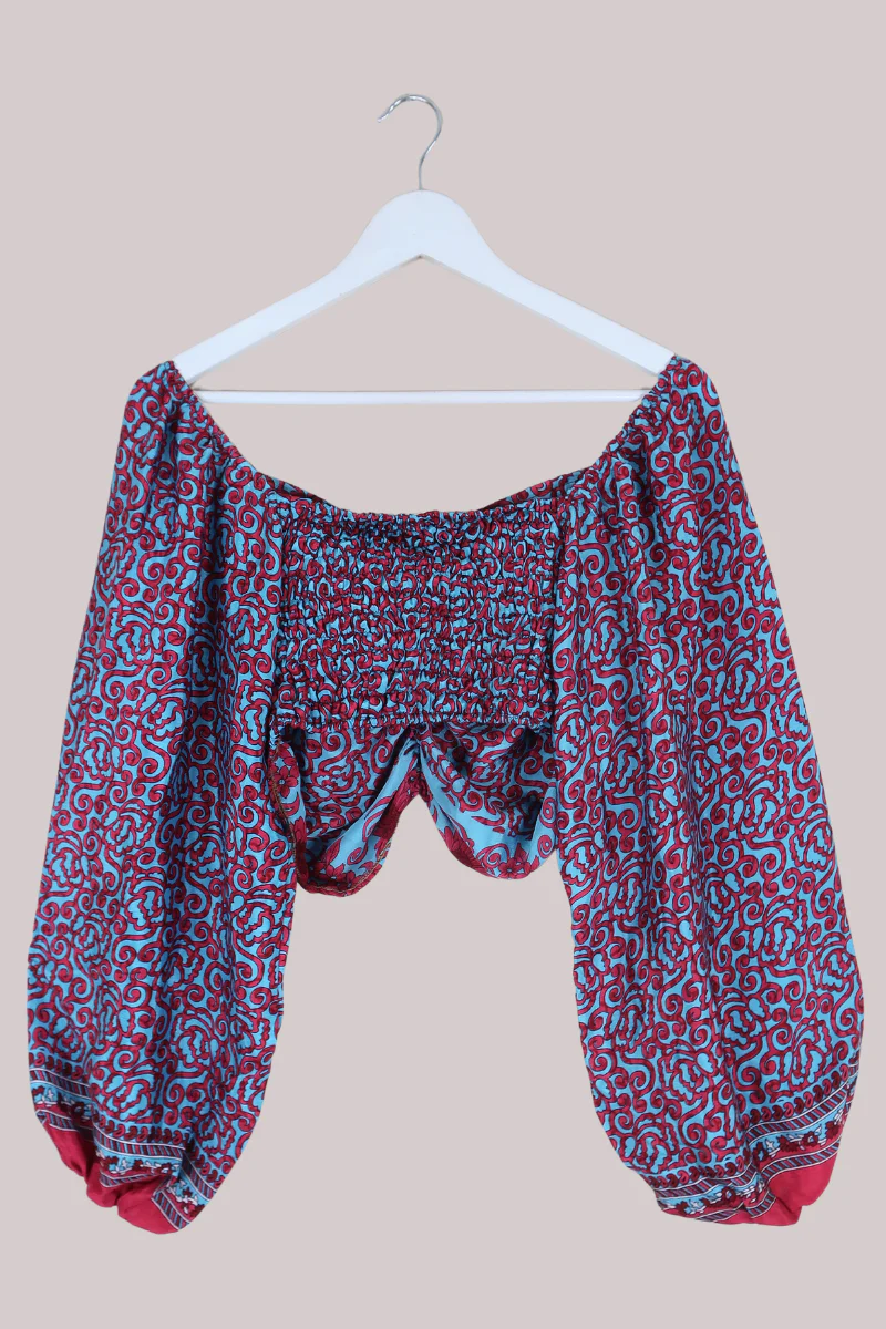 Ariel Top - Vintage Indian Sari - Blue & Cherry Floral - S/M - Image 3