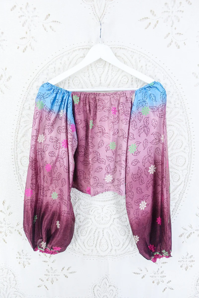 Ariel Top - Vintage Indian Sari - Sangria & Sky Leaf Print - Free Size S - M/L - Image 3