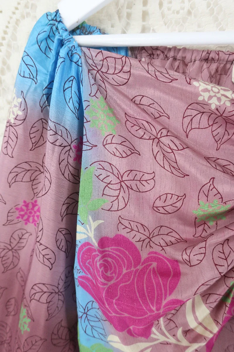 Ariel Top - Vintage Indian Sari - Sangria & Sky Leaf Print - Free Size S - M/L - Image 4