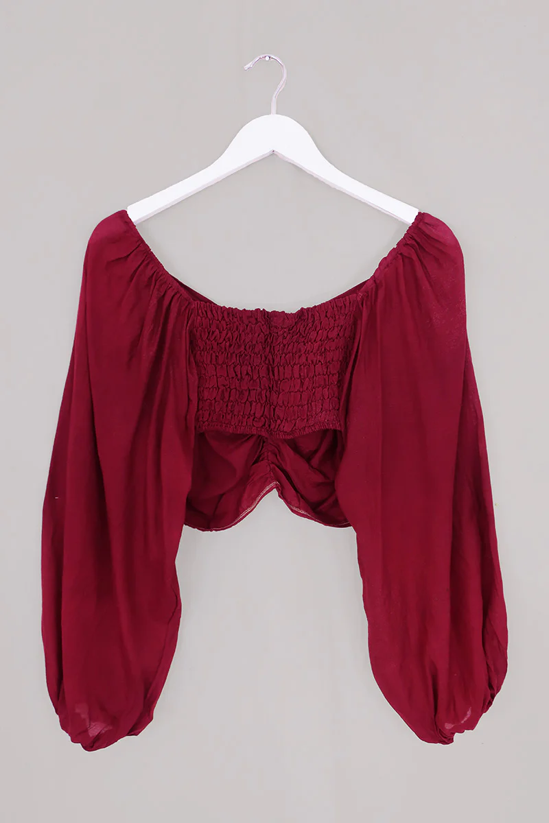 Ariel Top - Vintage Sari - Boho Burgundy - Free Size - Image 3
