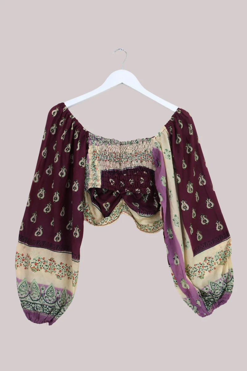 Ariel Top - Vintage Sari - Plum Purple Paisley - Free Size - Image 3