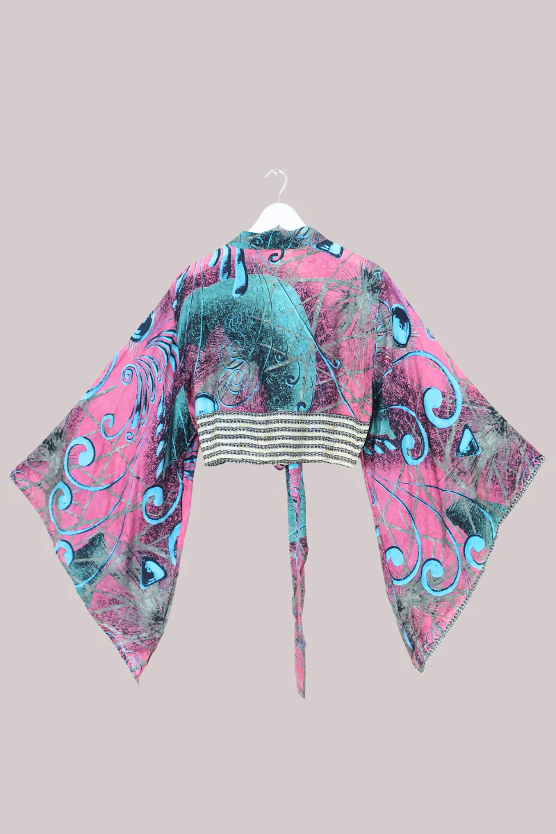 Aries Vintage Silk Wrap Top - Abstract Blush & Blue - Size XXL - Image 3
