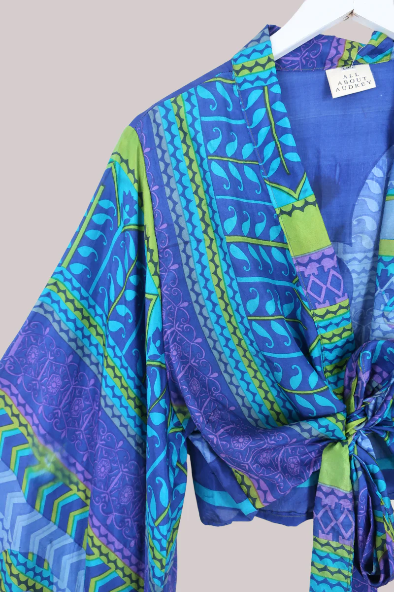 Aries Vintage Silk Wrap Top - Indigo Lime - Size XL - Image 2