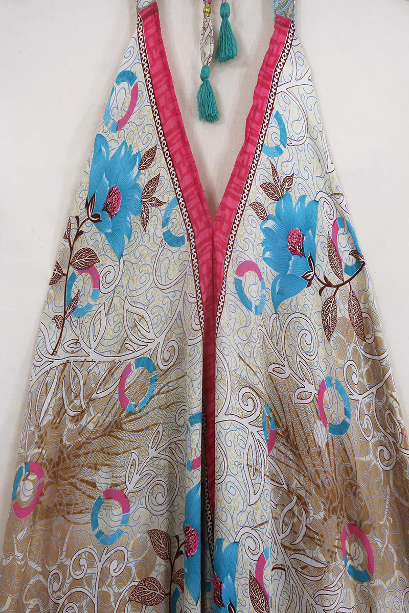 Athena Maxi Dress - Vintage Sari - Flowers on the Beach - Free Size L/XL - Image 2