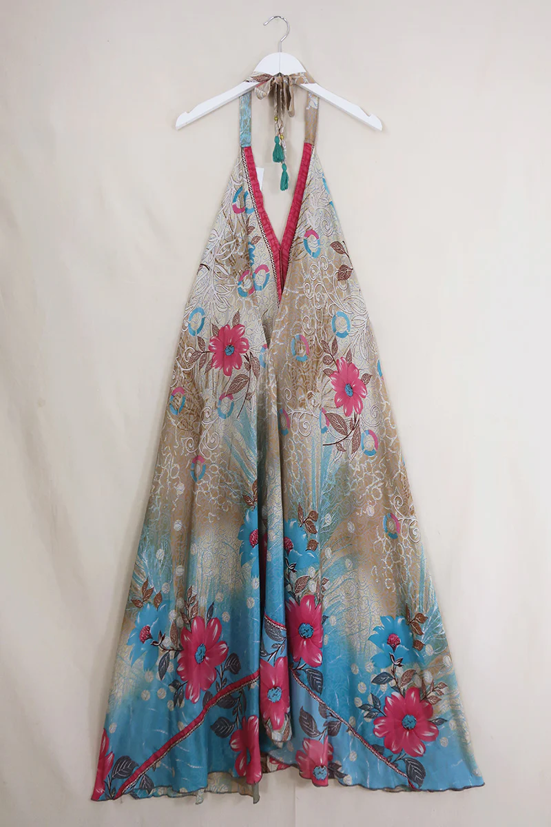 Athena Maxi Dress - Vintage Sari - Flowers on the Beach - Free Size L/XL - Image 3
